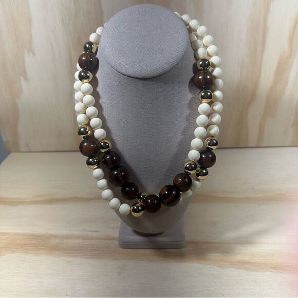 Long Beaded Neutral Chunky Necklace Cream Gold Brown - Picture 1 of 5